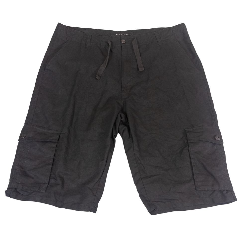 Sean John Mens Black Linen Cotton Cargo Shorts Size 40 Drawstring Utility Pocket